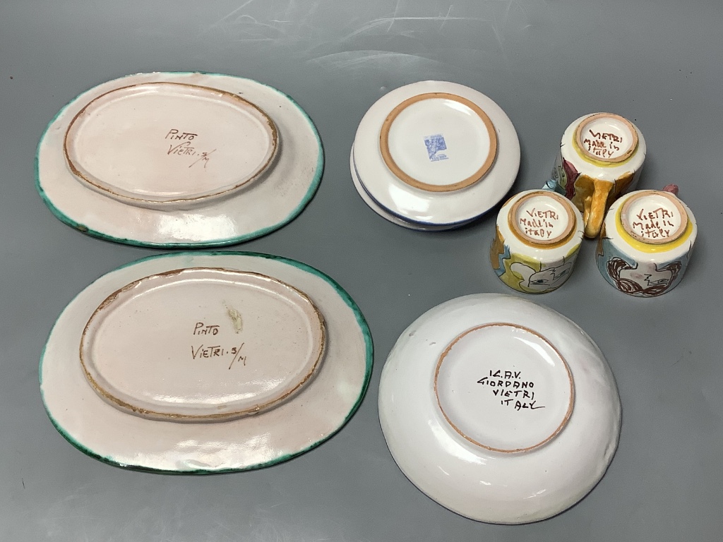 A group of Vietri maiolica wares, 3 cups and saucers and dishes